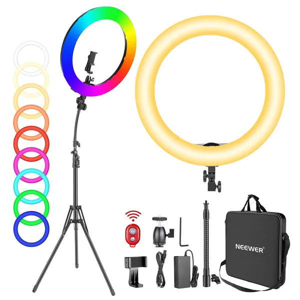 Neewer 18” RGB Ring Light with Stand, 42W Dimmable LED Ring Light with Phone Holder/Bi-Color 3200K–5600K/97 +CRI/0–360° Full Color/9 Scene Effects for Selfie Makeup Zoom Calls YouTube Video Shooting - 