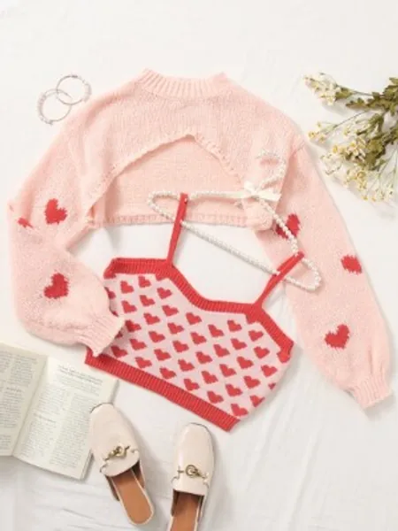 SHEIN Heart Pattern Knit Top & Mock Neck Drop Shoulder Shrug Sweater