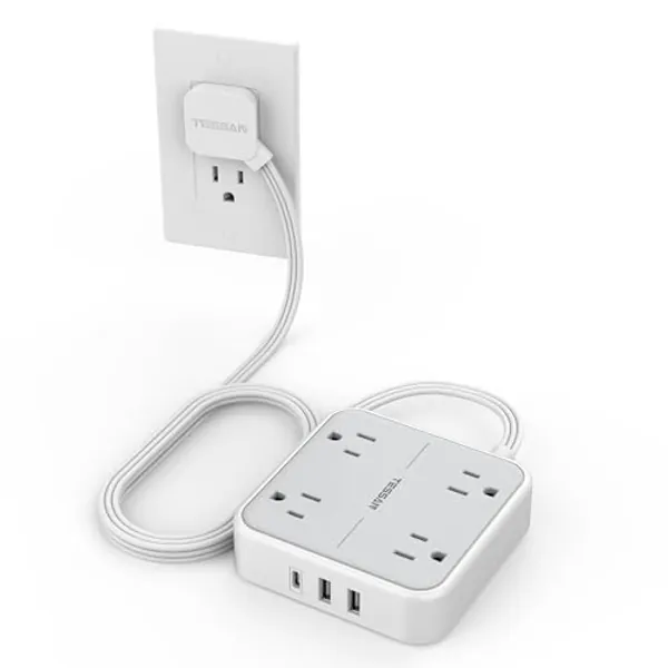 Flat Plug Surge Protector Power Strip, TESSAN 5 ft Ultra Thin Extension Cord with 3 USB Wall Charger(1 USB C Port), 4 Outlets Slim Desk Charging Station for Travel, Office, Dorm Room Essentials