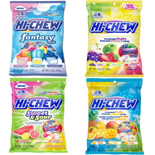 Hi Chew Candy Variety Pack - 4 Different New Assorted Flavors Fantasy Mix, Original Mix, Tropical Mix Sweet and Sour Flavor, Japanese Candy Pack of 4 - 