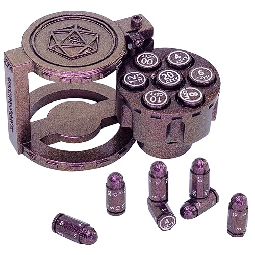 CZYY Metal Polyhedral Bullet Dice Set of 7 with Spinning Revolver Cylinder Container - Cyberpunk Style Dice for Warhammer 40K, D&D, Sci-Fi, War, or Crime Theme Tabletop Games (Symphony Purple) - Symphony Purple
