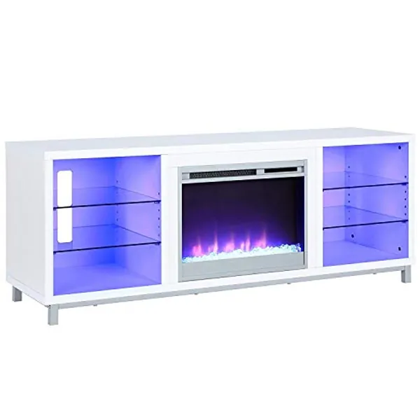 Ameriwood Home Lumina Fireplace TV Stand for TVs up to 70 Inch, Replaceable Electric Fireplace Insert Heater, Remote Control, Timer, Color Changing LED Lights, Crystal Ember Flames, White