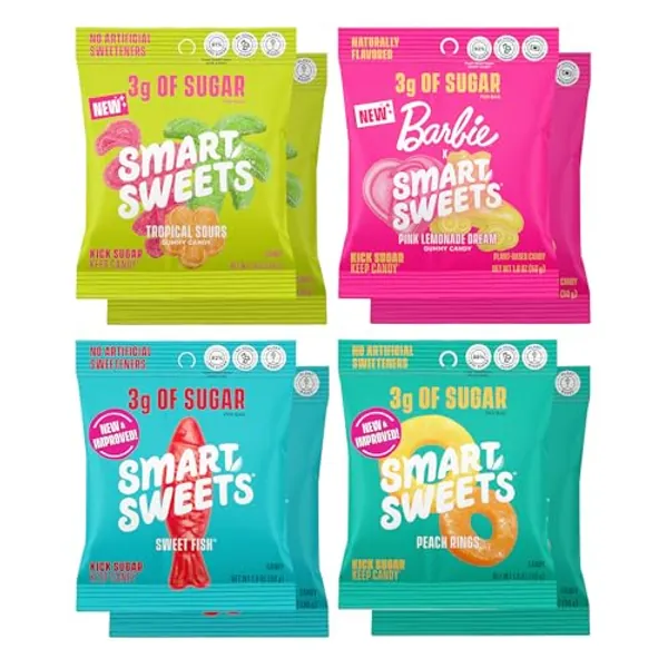 SmartSweets Variety Pack Candy, 1.8oz (Pack of 8), Candy With Low Sugar & Calorie, Healthy Snacks For Kids & Adults - Sweet Fish, Peach Rings, Tropical Sours, Barbie Pink Lemonade Dream