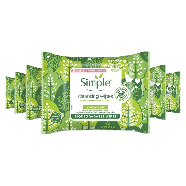 Simple Kind To Skin, Biodegradable Cleansing Make Up Remover Face Wipes For Women, Perfect for Sensitive Skin 1 Months Supply (6 Packs Of 20 Wipes)