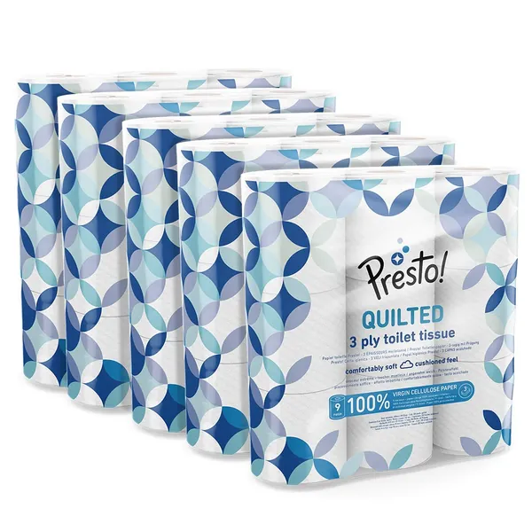 Presto! 3-Ply Quilted Toilet Tissues, 45 Rolls (5 x 9 x 200 sheets) - Pattern: Gem, Pack of 5 of 9 rolls per unit