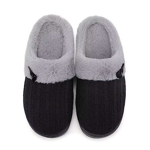 NineCiFun Women's Slip on Fuzzy House Slippers Memory Foam Slippers Scuff Outdoor Indoor Warm Plush Bedroom Shoes with Faux Fur Lining - 7-8 - Black Grey