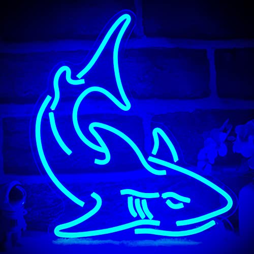 OvoNinn Shark Neon Sign Blue Neon Lights for Wall Decor Shark LED Neon Sign Dimmable Neon Light Up Signs for Bedroom Boys Room Bar Shark Wall Decor USB Powered Birthday Party Gift - F-BlueShark