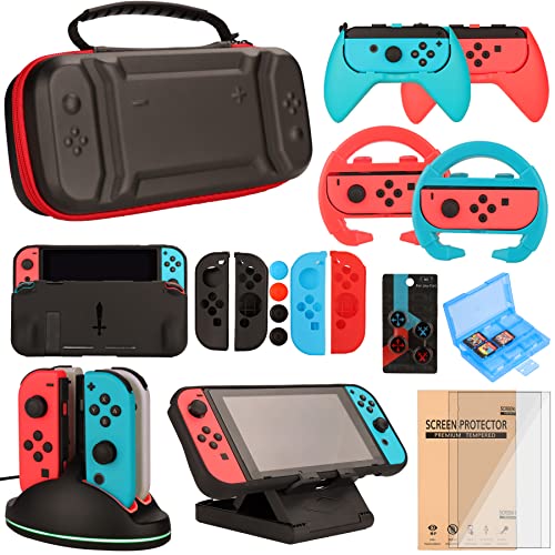 Switch Accessories Bundle for Nintendo Switch Games, Kit with Carrying Case, Steering Wheels, Screen Protectors, Charging Dock, Grips, Caps (23 in 1)