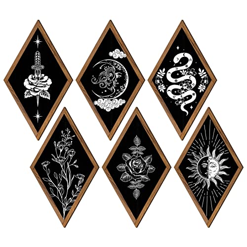 6 Pieces Hallowen Wall Decor Gothic Skeleton Boho Wall Art Moon Stars Sun Witchy Phases Home Decor Wooden Minimalist Wall Pediments for Halloween Gallery Living Bedroom Room(Rhombus) - Rhombus