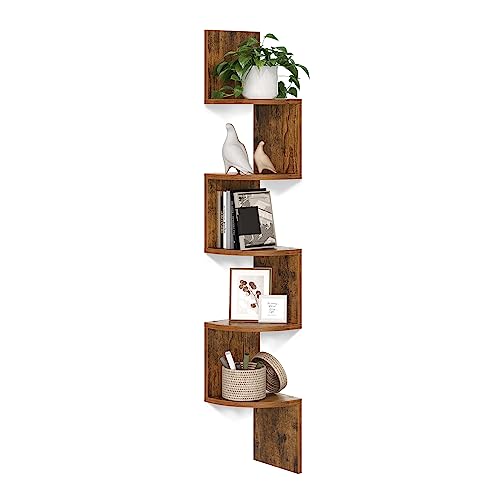 VASAGLE Corner Shelf Wall Mount, 5-Tier Floating Wall Shelf, Corner Bookshelf, Plant Wall Shelf for Bedroom, Living Room, Bathroom, Office, Rustic Brown ULBC72BX - Brown