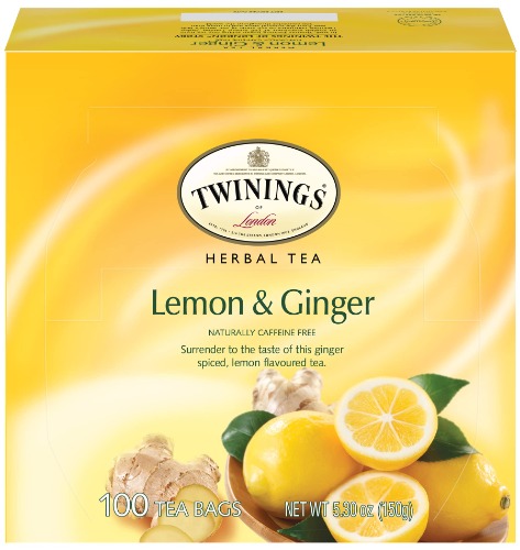 Twinings Lemon & Ginger Herbal Tea, 100 Individually Wrapped Tea Bags, Tangy Lemon, Spicy Ginger, Naturally Caffeine Free - Lemon & Ginger Herbal 100 Count (Pack of 1)