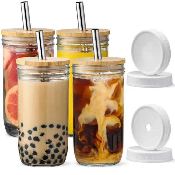 [ 4 Pack ] Glass Cups Set - 24oz Mason Jar Drinking Glasses w Bamboo Lids & Straws & 2 Airtight Lids - Cute Reusable Boba Bottle, Iced Coffee Glasses, Travel Tumbler for Bubble Tea, smoothie, Juice - 4