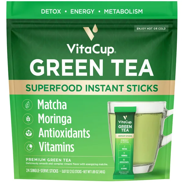 VitaCup Green Tea Instant Packets, Enhance Energy & Detox with Matcha, Moringa, B Vitamins, D3, Fiber, Keto, Paleo, Vegan in Tea Powder Single Serving Sticks, 24 Ct - Green Tea w/ Matcha Instant Packets 24 Count (Pack of 1)