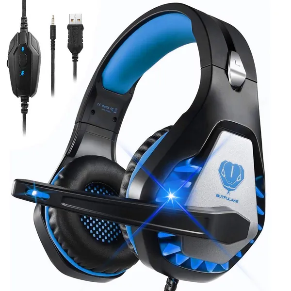 DIWUER Stereo Gaming Headset for Nintendo Switch, PS4, Xbox One with Noise Cancelling Mic, Soft Earmuffs Surround Sound Over Ear Headphones with LED Light for PC, Mac, Laptop (Blue) - Blue
