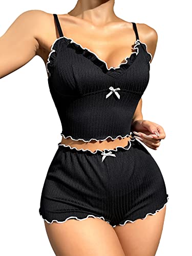 Verdusa Women's 2 Piece Lettuce Trim Crop Cami Top and Shorts Loungewear Pajama Sets - X-Large - Black