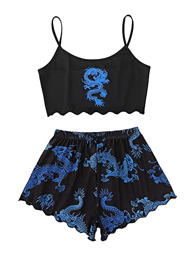 SOLY HUX Women's Cute Cartoon Print Lettuce Trim Cami Top and Shorts Cute Pajama Set Sleepwear - X-Large - Black Blue Dragon