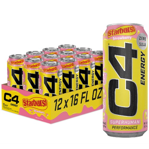C4 Energy Drink by Cellucor | STARBURST Strawberry | Carbonated Sugar Free Pre Workout Performance Drink with no Artificial Colors or Dyes | 16 oz - 12 Pack Case