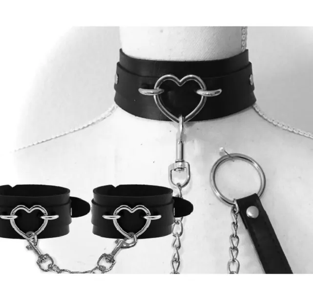Thick heart collar cuffs and leash combo black with gold or silver hardware