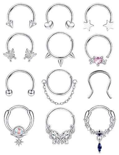Jstyle 12Pcs 16G Septum Rings for Women Surgical Steel Septum Nose Piercing Jewelry Horseshoe Daith Helix Tragus Lip Cartilage Earrings Hoop Nose Rings Piercing - Silver Tone