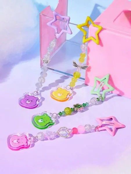 ROMWE X Care Bears 4pcs/Set Cartoon Co-Branded Love Heart Beaded Hair Clip Set Cute