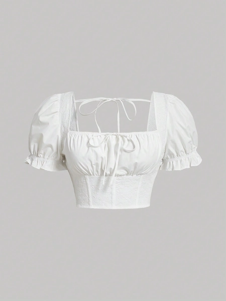 [HUNTRESS Cosplay] Plus Tie Front Ruched Bust Puff Sleeve Crop Blouse