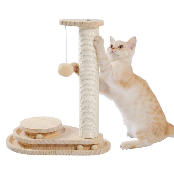 PAWZ Road Wooden Cat Scratcher Toy Cat Scratching Post Cat Tracks Interactive Track Ball Turntable with Dangling Ball for Indoor Cats - 