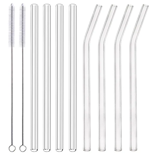 ALINK Glass Smoothie Straws, 10" x 10 mm Long Reusable Clear Drinking Straws for Smoothie,Pack of 8 with 2 Cleaning Brush, - 