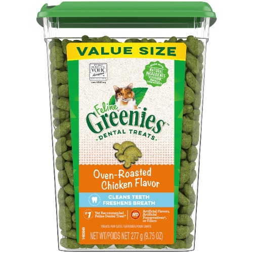 FELINE GREENIES Cat Treats Adult Natural Dental Care, Oven Roasted Chicken Flavour, 9.75oz. Tub - Cat Treats 277 g (Pack of 1)