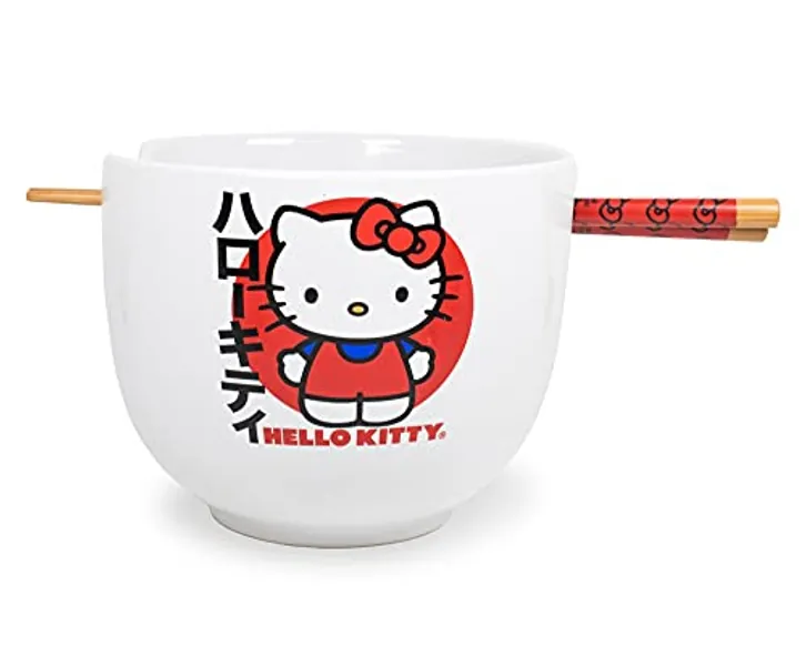 Silver Buffalo Sanrio Hello Kitty Japanese Ceramic Ramen Noodle Rice Bowl with Chopsticks, Microwave Safe, 20 Ounces, KTY511KD