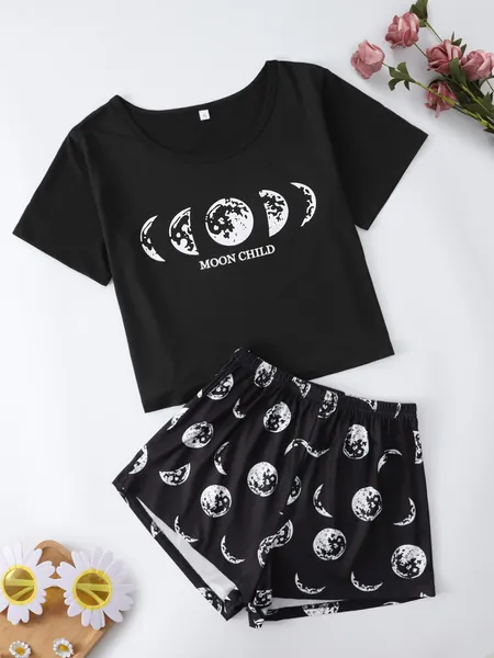 Conjunto de pijama con estampado de letra y luna