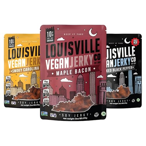Louisville Vegan Jerky Co. Best Sellers 1 Variety Bundle Vegan Jerky 3 oz. 3 pack (Smoky Carolina BBQ, Smoked Black Pepper, Maple Bacon) - Best Sellers 1 - 3 Ounce (Pack of 3)