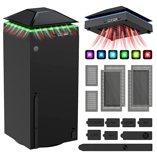 Cooling Fan Dust Proof for Xbox Series X Console with Colorful Light Strip,MENEEA Dust Cover Filter,Rubber Dust Plugs,Low Noise Top Fan with 3 Gears,Cooler&Light Independent Touch Switch, 2 USB Port (Black) - Black