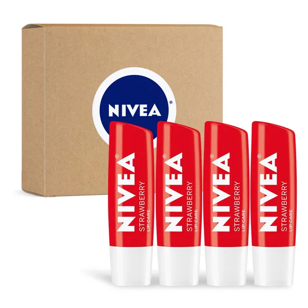 NIVEA Strawberry Lip Care - Tinted Lip Balm for Beautiful, Soft Lips - Pack of 4 - 