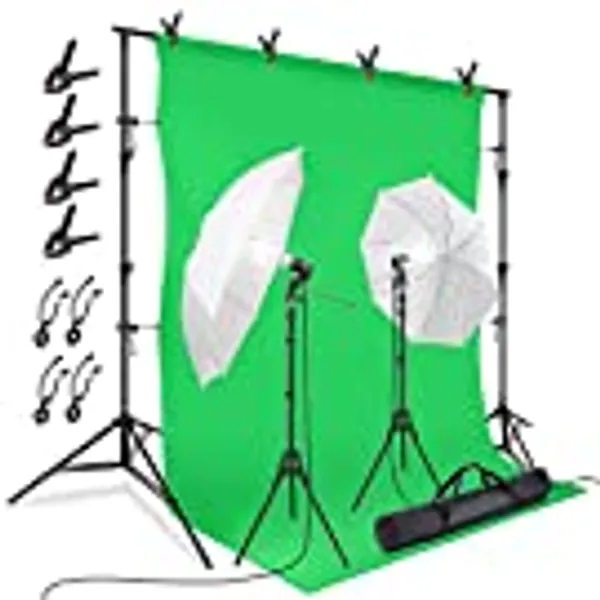 LimoStudio, AGG412, Photography Continuous Umbrella Studio Lighting Kit with 10 ft. Backdrop Stand and 6 x 9 ft. Green Background Screen, Carry Bag