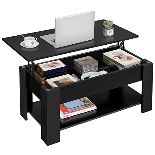 Yaheetech Lift Top Coffee Table with Hidden Compartment and Storage Shelf, Rising Tabletop Dining Table for Living Room Reception Room, 98cm L, Black - 38.6 x 19.7 x (16.5-21.7)’’ (LxWxH) - Black