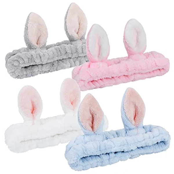 Ygreato 4 Pack Elastic Makeup Headbands for Women, Girls' Lovely Bunny Ears Headbands, Coral Fleece Headband for Washing Face, spa headband Head Wraps