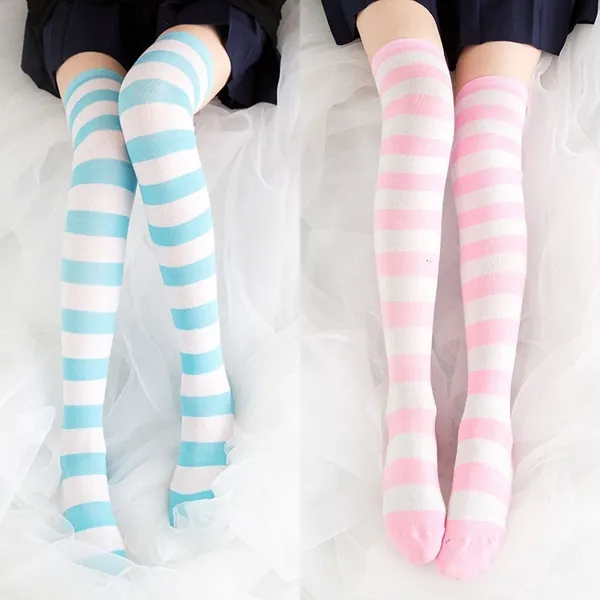 Super Cute Kawaii Long Socks Stockings - Kawaii Pink Striped Long Socks - Blue Striped Long Socks - Over The Knee Lolita Long Cotton Socks