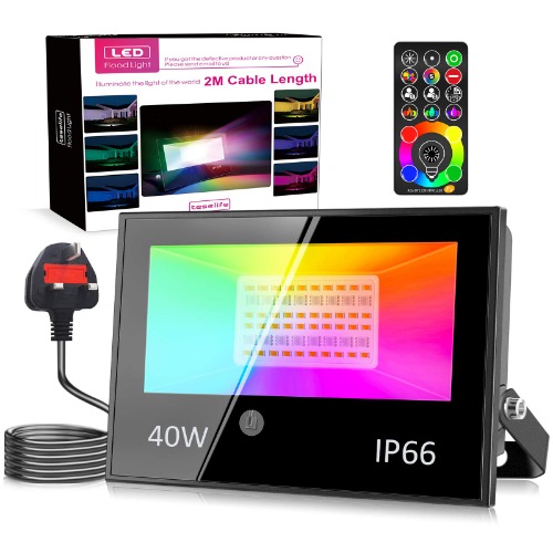 40W LED Flood Lights Outdoor, 120 Colours 5 Modes RGB Floodlight, IP66 Waterproof, Timing Function, 2700K Warm White Security Lights, Outdoor Lights for Garden Landscape Yard Stage with UK 3-Plug