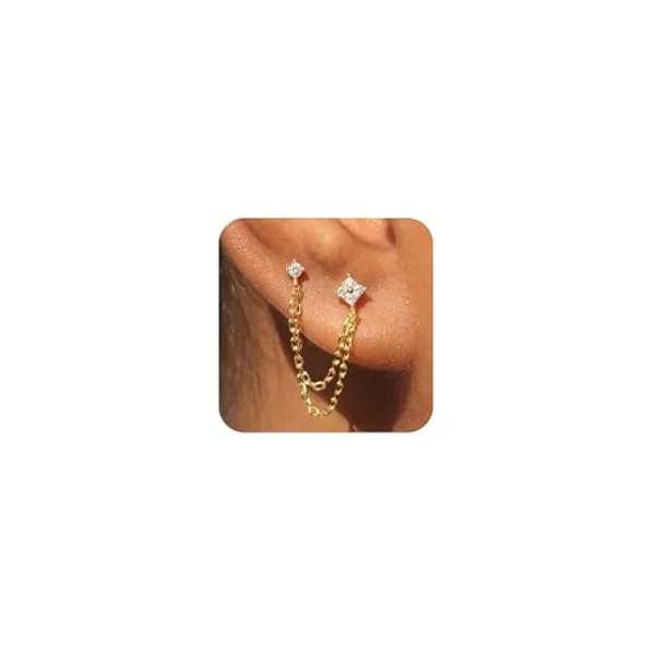 SUFOPE Double Piercing Earrings Zircon Stud Earrings for Women|Hypoallergenic Earring Sets for Multiple Piercing|Stering Silver/Gold Chain Earrings Jewelry for Gift
