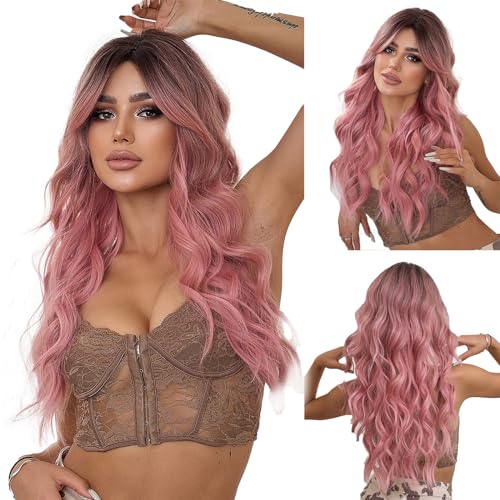 OMELPIS Pink Wig for Women Long Ombre Brown to Pink Wavy Curly Synthetic Wigs with Bangs Middle Part Dark Roots Layered Hair with Bangs for Girls Cosplay Party Halloween Christmas Daily 26In - Pink - 26 In