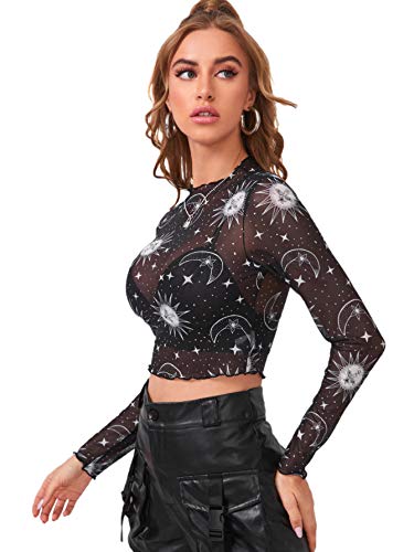 SweatyRocks Women's Long Sleeve Mock Neck Angel Print Sexy Sheer Mesh Crop Top - X-Large - Galaxy Black