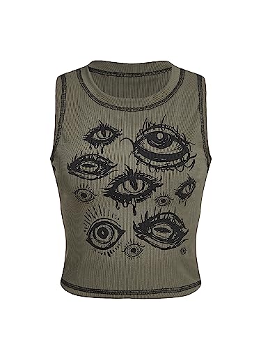 SOLY HUX Women's Y2k Goth Eye Print Crop Tank Top Round Neck Sleeveless Summer Tops - X-Large - Army Green Print
