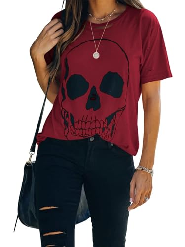 Veatzaer Summer Cotton Graphic Shirts Womens Short Sleeve Crewneck Tees Skull Distressed T Shirt Loose Casual Tops S-XXL - A-red - Large