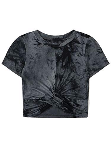 Floerns Women's Short Sleeve Tie Dye Twist Front Summer Crop Tops Tee T Shirts - X-Large - Black