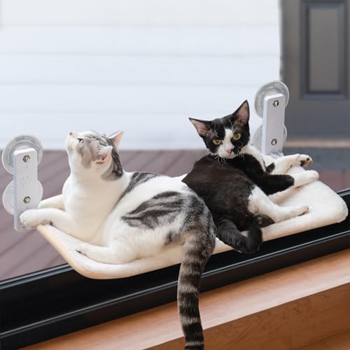 MEWOOFUN Plegable Hamaca Gato Ventana | Cama Gatos con Ventosa Fuerte Alfombra Reversible | Cama para Gatos | Soportar hasta 18kg (White L-58x30x20cm) - L-White