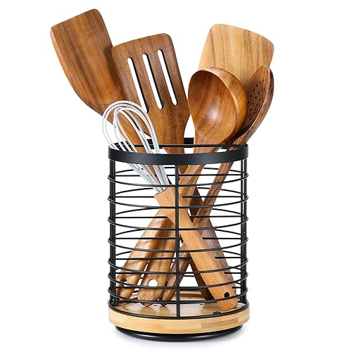 360° Rotating Utensil holder for Kitchen Counter 5.9 x 5.9 x 7.8 Large Round Utensils Holder with Wooden Base Matte Black Cooking Utensil Holder，Kitchen countertop Utensil Organizer - Rotating+Metal+Bamboo