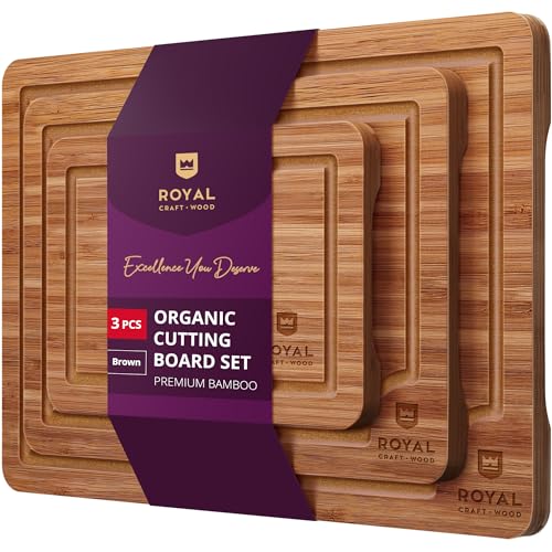 ROYAL CRAFT WOOD Wooden Cutting Boards for Kitchen Meal Prep & Serving - Bamboo Wood Serving Board Set with Deep Juice Groove Side Handles - Charcuterie & Chopping Butcher Block for Meat (3 Pcs) - 3-Piece - Brown