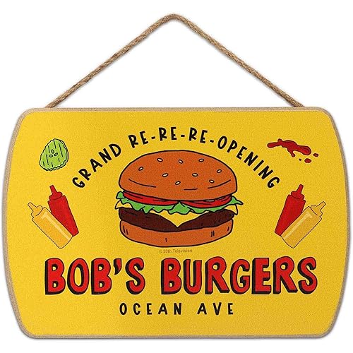 Bob's Burgers Grand Re-Re-Reopening Hanging Wood Wall Decor - Funny Bob's Burgers Sign for Bedroom or Movie Room - Yellow