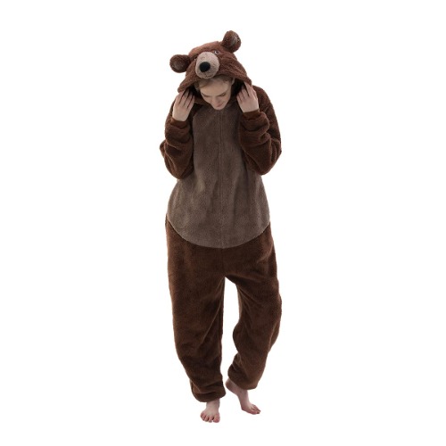 Snug Fit Unisex Adult Onesie Pajamas, Flannel Cosplay Animal One Piece Halloween Costume Sleepwear Homewear - Brown Medium