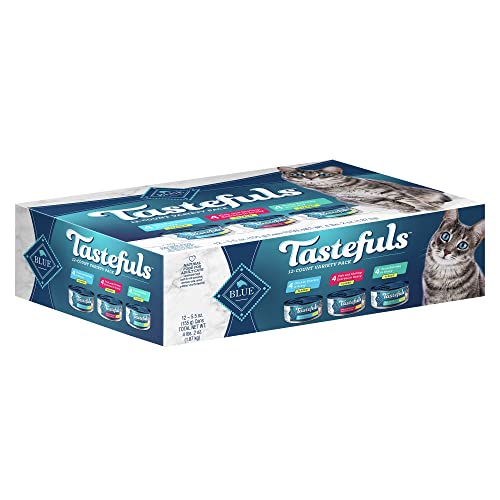 Blue Buffalo Tastefuls Natural Flaked Wet Cat Food Variety Pack, Tuna, Chicken and Fish & Shrimp Entrées in Gravy 5.5-oz Cans (12 Count - 4 of Each) - 5.5 Ounce (Pack of 12) - Tuna, Chicken, Fish & Shrimp